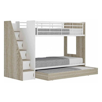 Ashton Trio Bunk Bed and Trundle with Shelves in White and Oak Finish-Sleep Doctor