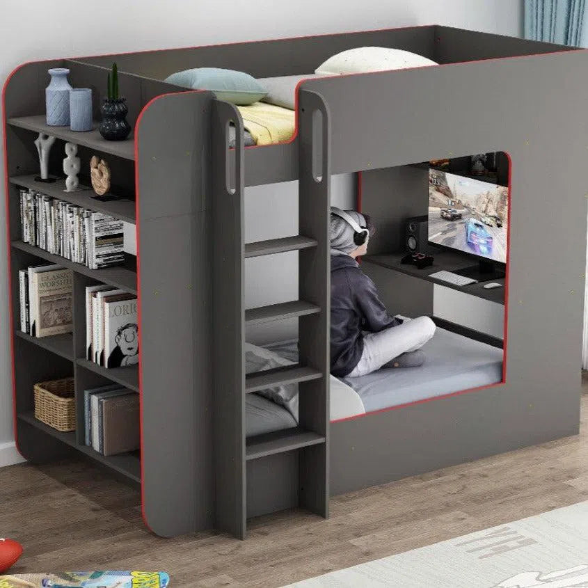 Beyond Gaming Bunk Bed with Monitor and Computer Stand, Desk and Shelves in Grey and red-Sleep Doctor