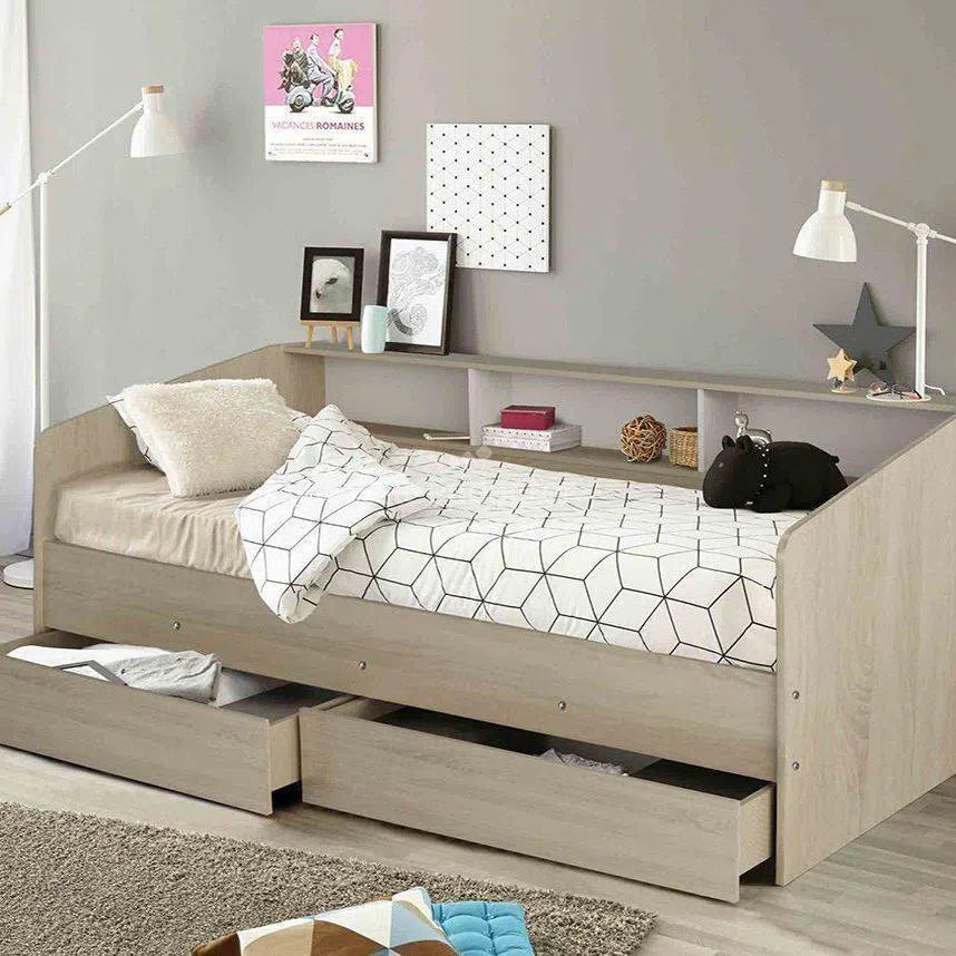 Cozy Day Bed with Shelves and 2 Drawers in Oak and White Finish-Sleep Doctor