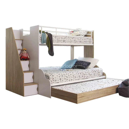 Levin Single over Double Bunk Bed with Double Trundle in White and Oak Finish-Sleep Doctor